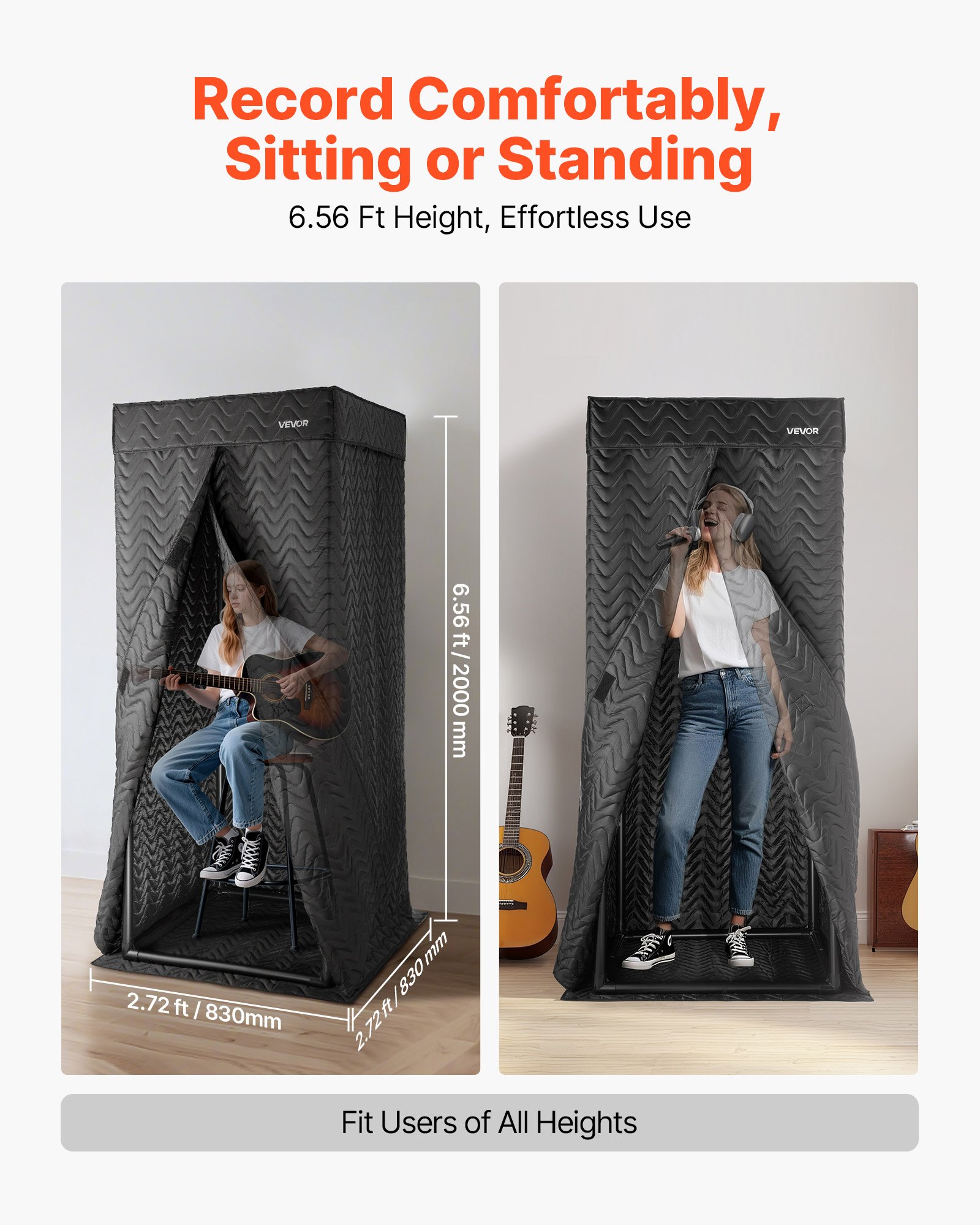 VEVOR Portable Vocal Booth, 200 cm Height, Portable Recording Studio with Travel Bag, Mobile Tablet Stand, Thickened Soundproofing, Sound Isolation Booth for Echo-Free Vocals, Podcasts, Voiceovers