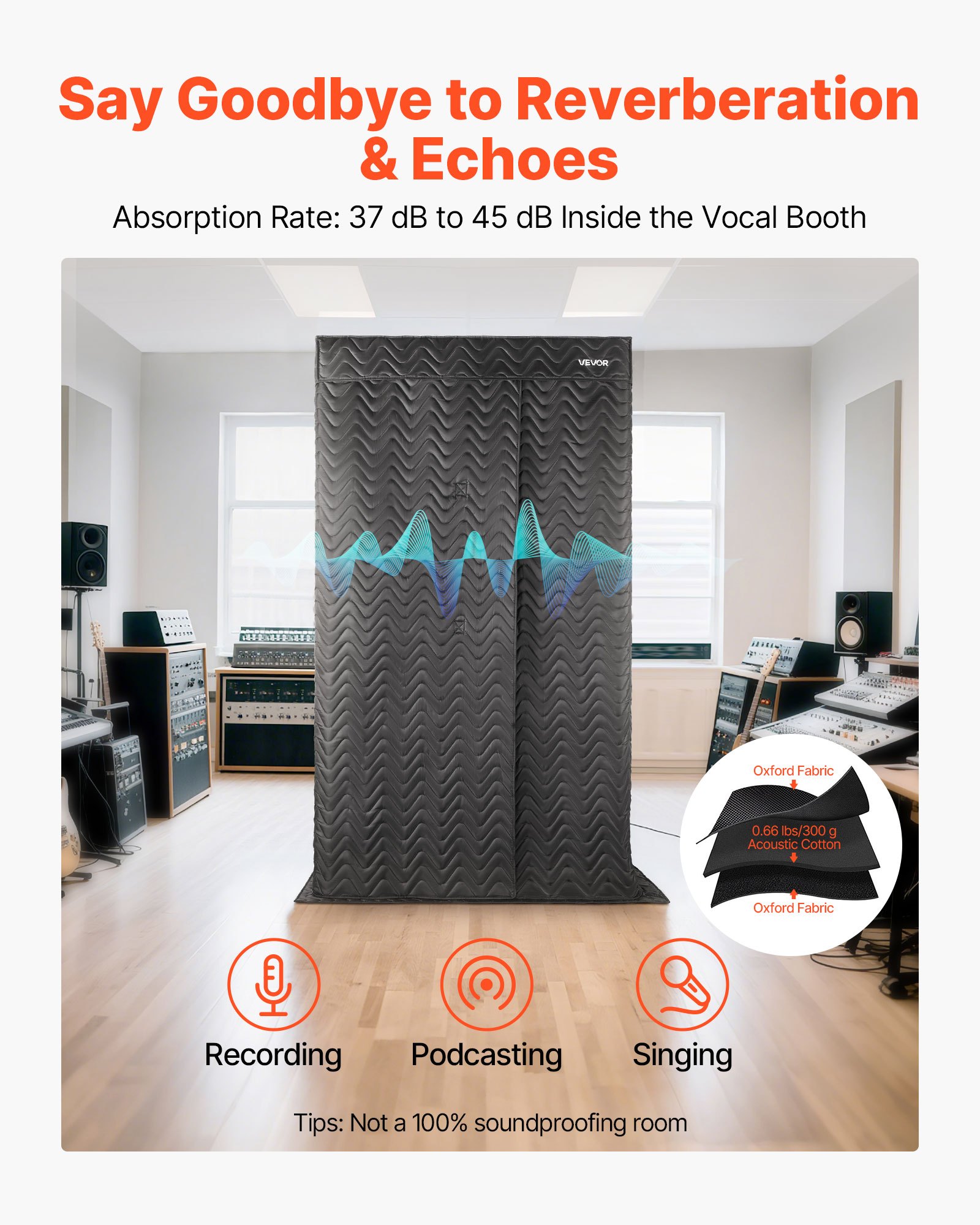 VEVOR 6.56 ft Portable Vocal Booth Pro-Grade Recording Studio for Echo-Free Vocals