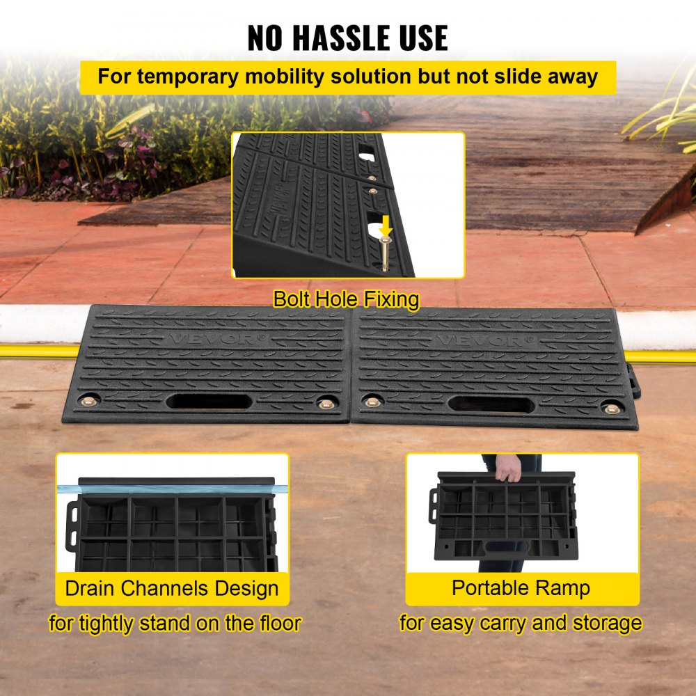 VEVOR rubber threshold ramp with bolt hole fixing, drain channels, and portable design.