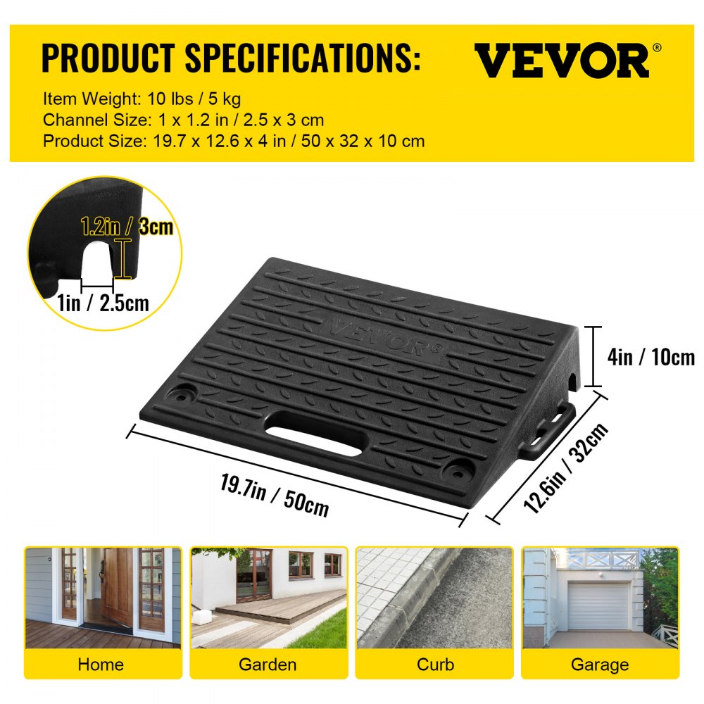 VEVOR rubber threshold ramp; product specs for weight, channel size, and dimensions. usable at home and garden.