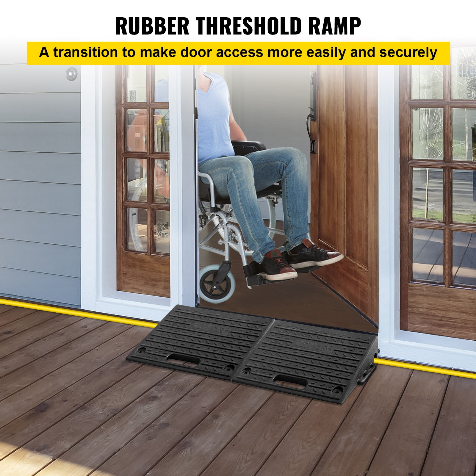wheelchair user accessing home entrance using VEVOR rubber threshold ramp for secure transition.
