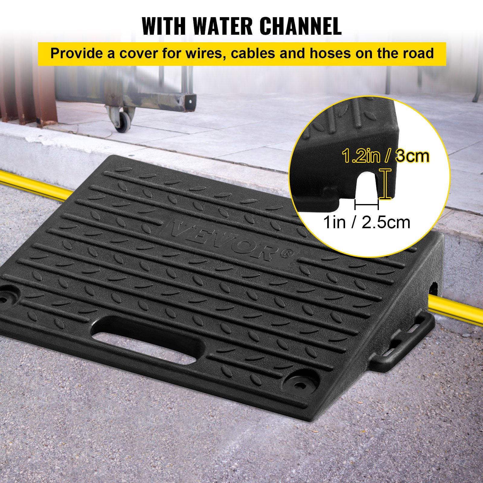 VEVOR rubber threshold ramp with water channel, providing cover for cables and wires on the road.