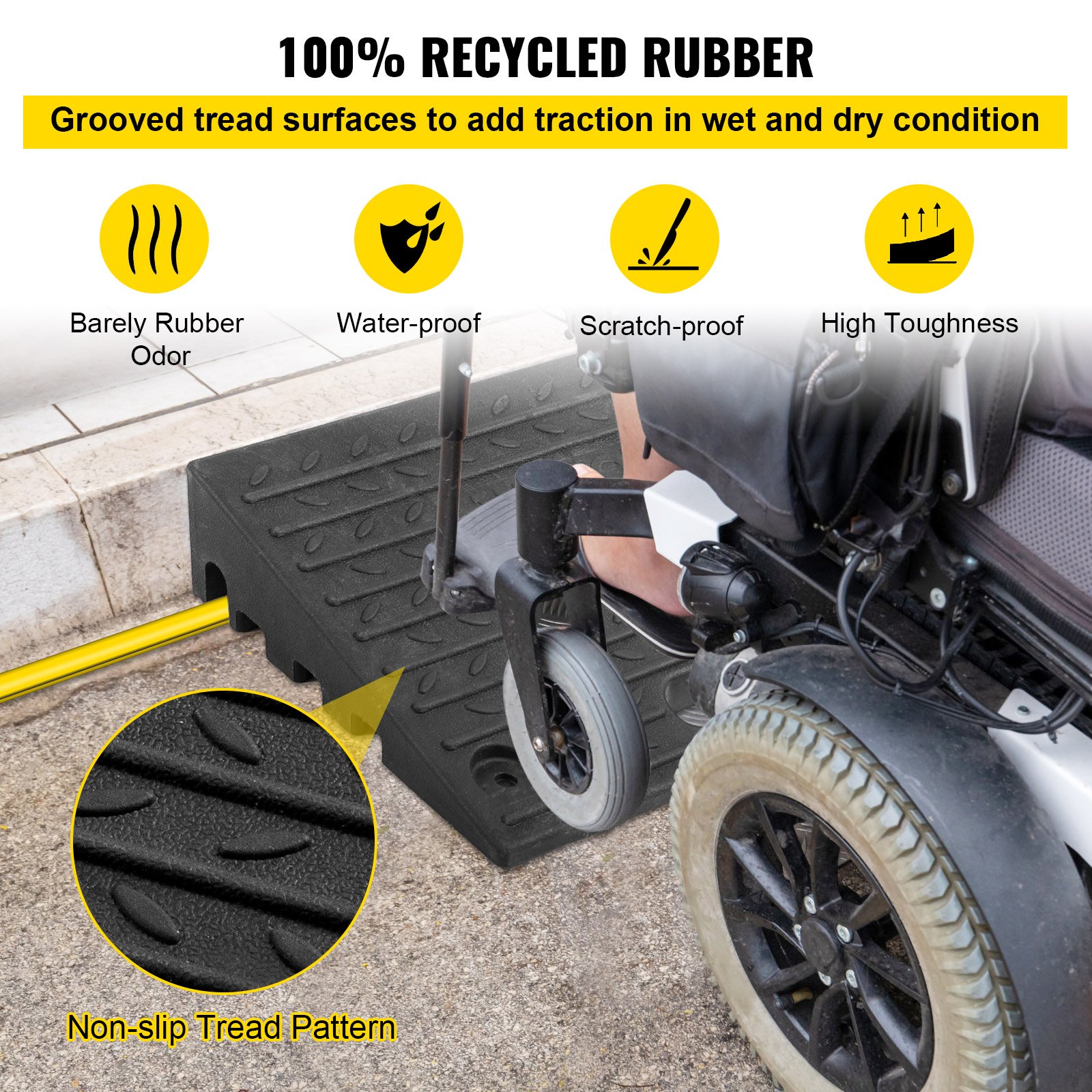 VEVOR rubber threshold ramp with non-slip tread pattern, supporting wheelchair user on curb.