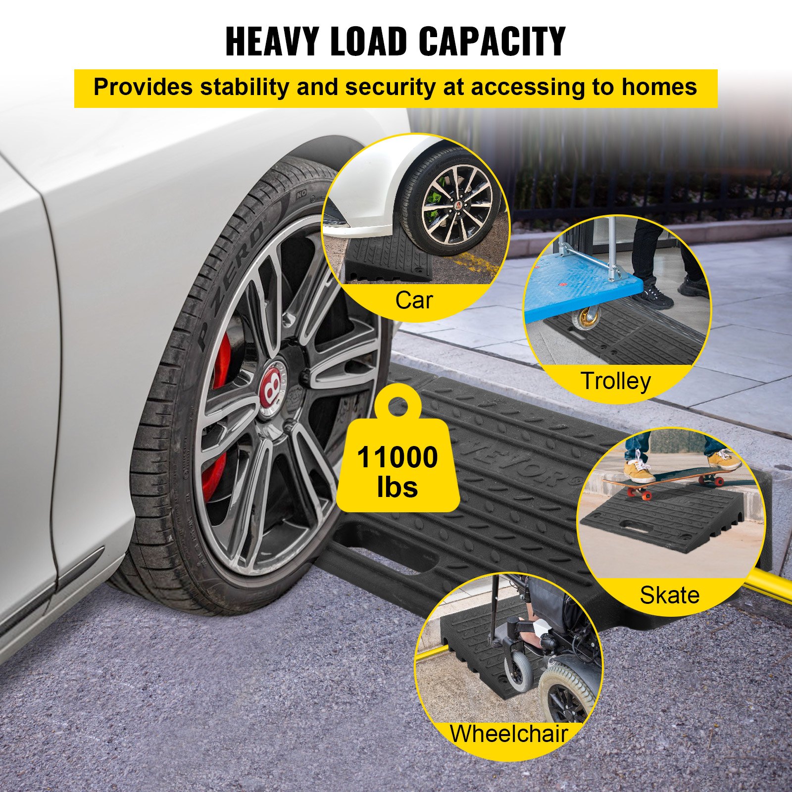 VEVOR rubber threshold ramp supports 11000 lbs for cars, trolleys, wheelchairs, skating access.
