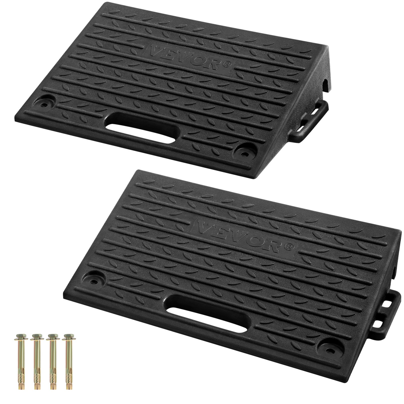 two black VEVOR rubber threshold ramps with textured surfaces, mounting holes, and four bolts included.