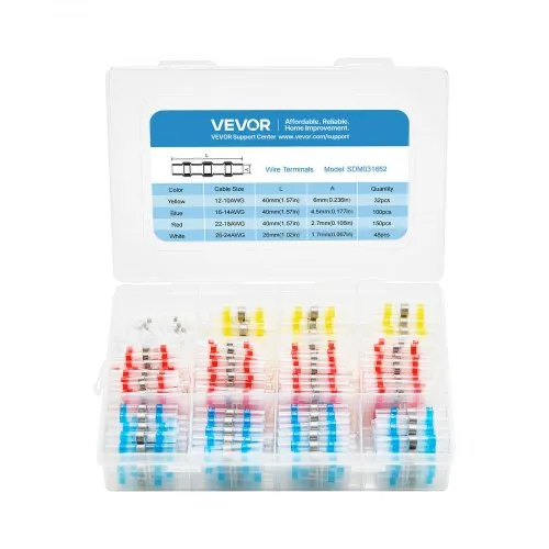 VEVOR Heat Shrink Butt Connectors, 330PCS, Waterproof Solder Seal Wire Connectors Kit, Electrical Terminals Insulated Solderless Wiring, 4 Colors 4 Sizes 26-10 AWG, for Industrial Marine Automotive