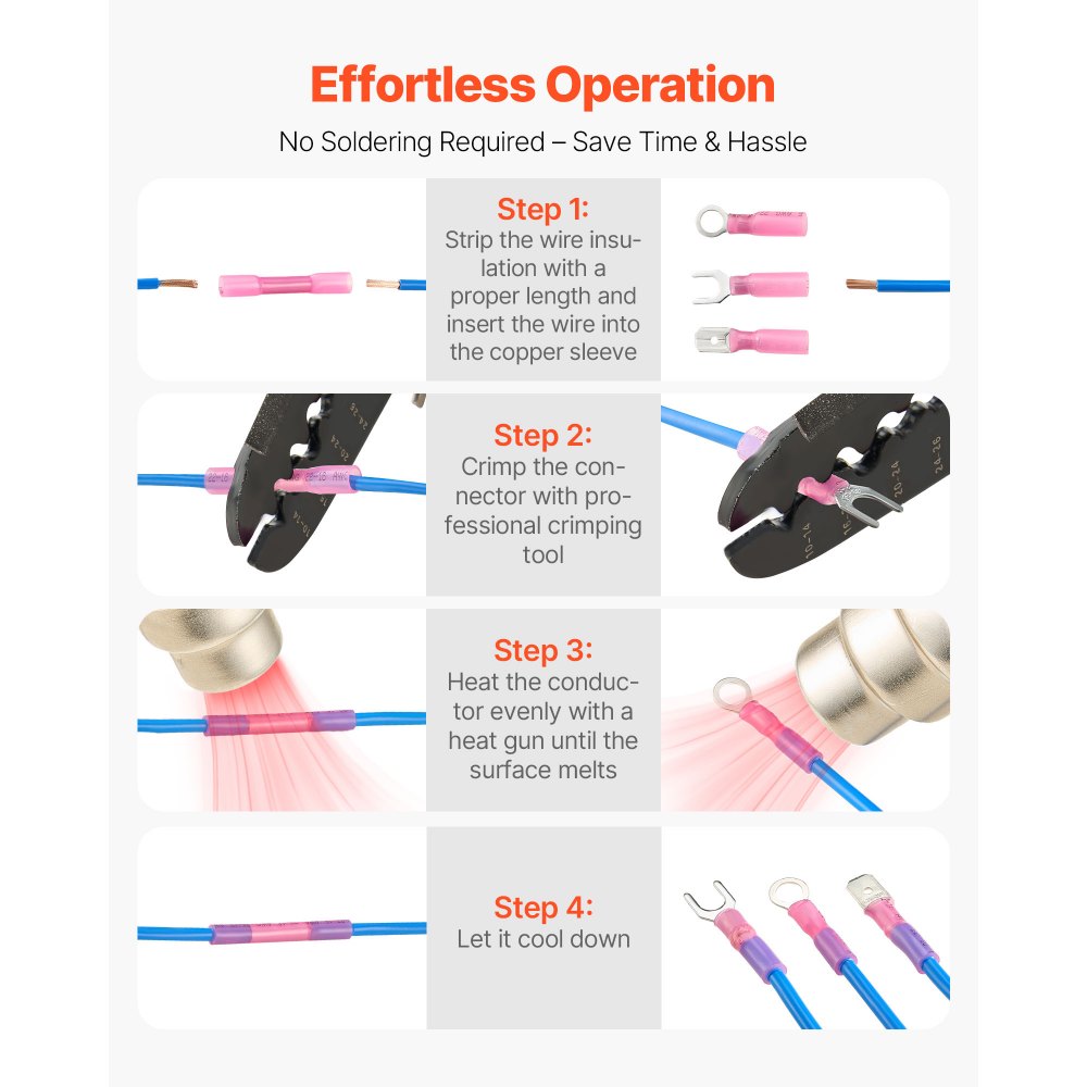 VEVOR Heat Shrink Wire Connectors, 320PCS, Electrical Waterproof Crimp Connectors Terminals Kit, Insulated Butt Ring Fork Spade Splices, 26–22 22–16 16–14 12–10 Gauge, for Industrial Marine Automotive