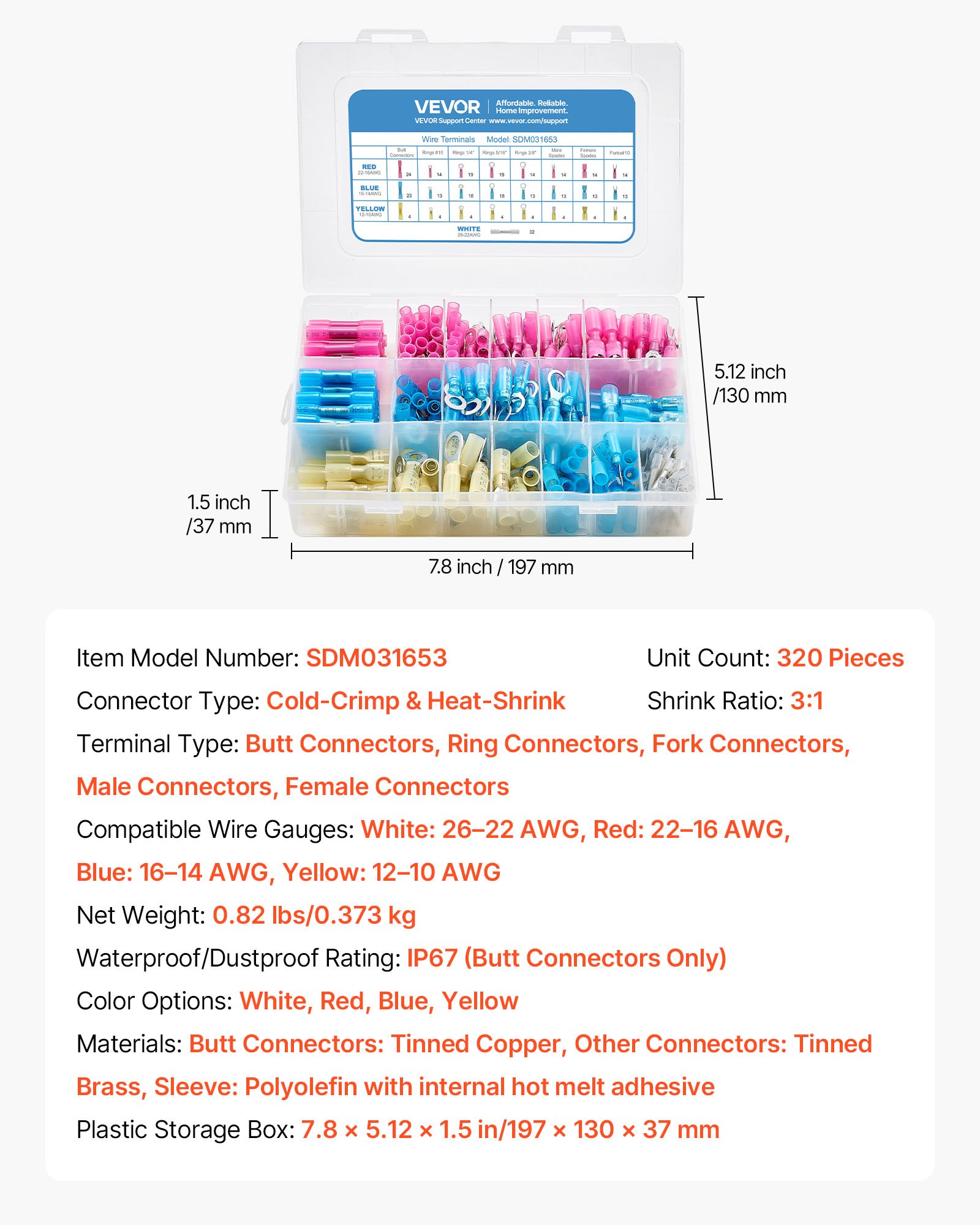 VEVOR Heat Shrink Wire Connectors, 320PCS, Electrical Waterproof Crimp Connectors Terminals Kit, Insulated Butt Ring Fork Spade Splices, 26–22 22–16 16–14 12–10 Gauge, for Industrial Marine Automotive