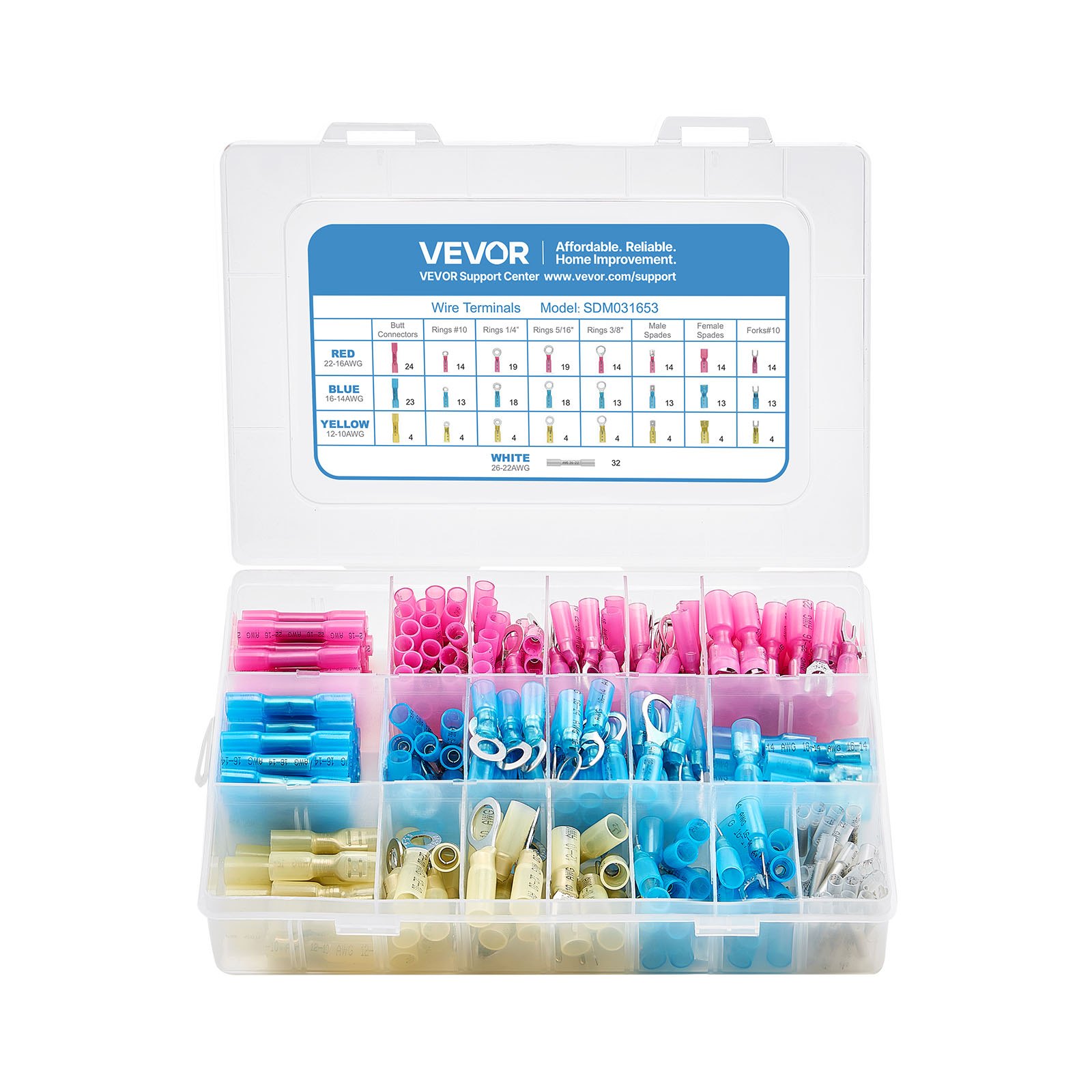 VEVOR Heat Shrink Wire Connectors, 320PCS, Electrical Waterproof Crimp Connectors Terminals Kit, Insulated Butt Ring Fork Spade Splices, 26–22 22–16 16–14 12–10 Gauge, for Industrial Marine Automotive