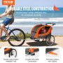 Trailer de bicicleta VEVOR para bebês, crianças, assento duplo, carga de 88 libras, suporte de dossel 2 em 1 que se converte em carrinho, reboque atrás de trailer de bicicleta infantil dobrável com acoplador de bicicleta universal, laranja e cinza