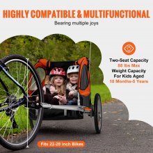 VEVOR Remorcă de bicicletă pentru copii mici, copii, scaun dublu, încărcare de 88 lbs, suport cu baldachin 2 în 1 se transformă în cărucior, remorcă în spatele remorcii pliabile pentru biciclete pentru copii cu cuplaj universal pentru biciclete, portocaliu și gri
