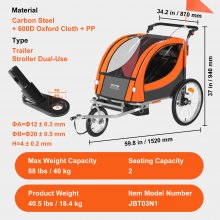 VEVOR Bike Trailer for Toddlers, Kids, Double Seat, 40 kg Load, 2-In-1 Canopy Carrier Converts to Stroller, Tow Behind Foldable Child Bicycle Trailer with Universal Bicycle Coupler, Orange and Gray