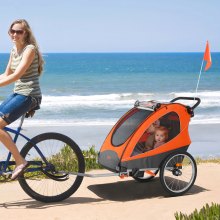 Trailer de bicicleta VEVOR para bebês, crianças, assento duplo, carga de 120 libras, suporte de dossel 2 em 1 que se converte em carrinho, reboque atrás de trailer de bicicleta infantil dobrável com acoplador de bicicleta universal, laranja e cinza