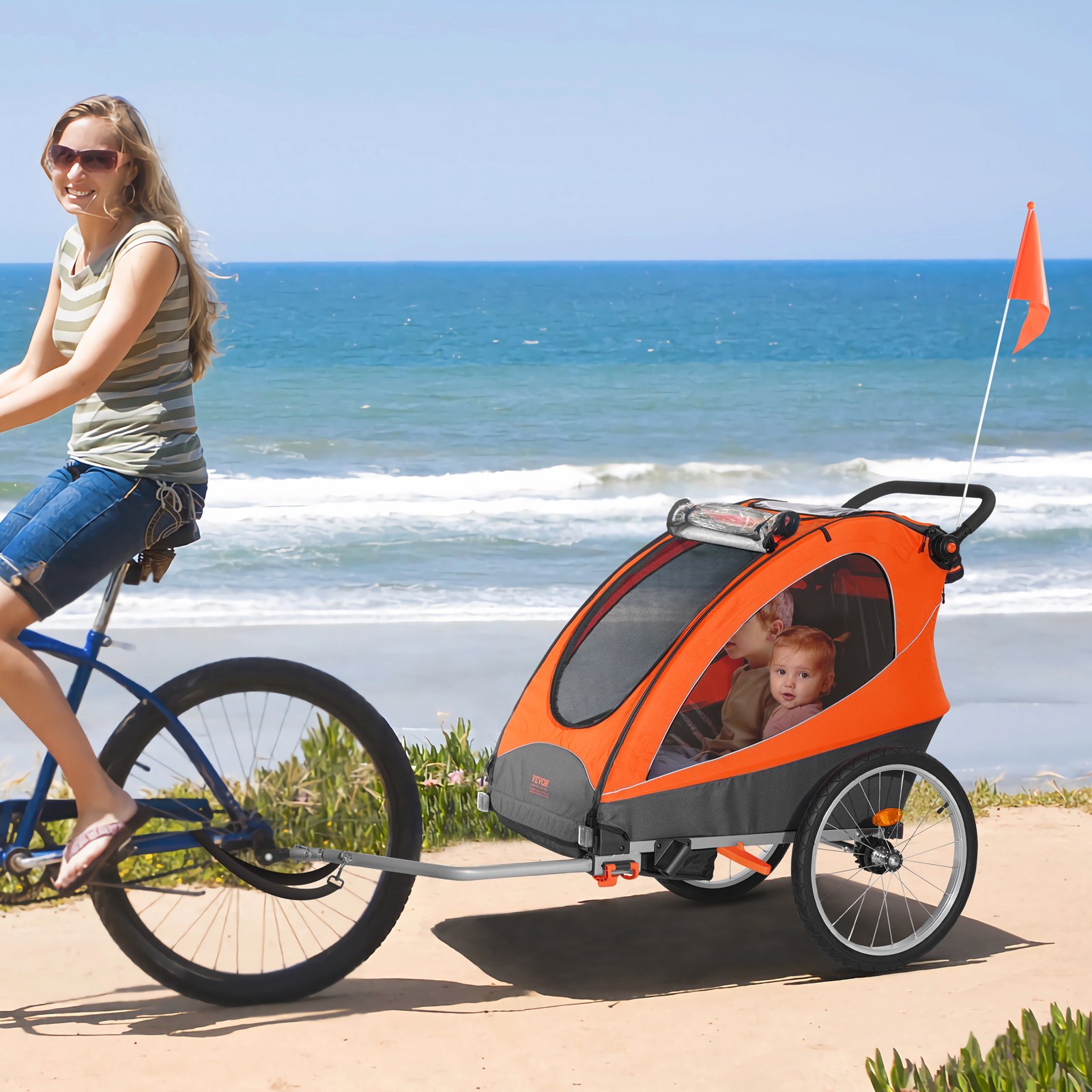 VEVOR Bike Trailer for Toddlers, Kids, Double Seat, 120 lbs Load, 2-In-1 Canopy Carrier Converts to Stroller, Tow Behind Foldable Child Bicycle Trailer with Universal Bicycle Coupler, Orange and Gray