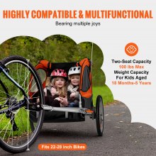 VEVOR Bike Trailer for Toddlers, Kids, Double Seat, 100 lbs Load, 2-In-1 Canopy Carrier Converts to Stroller, Tow Behind Foldable Child Bicycle Trailer with Universal Bicycle Coupler, Orange and Gray