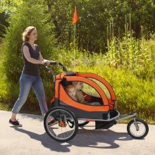 Remorque de vélo VEVOR pour tout-petits, enfants, siège double, charge de 100 lb, porte-vélo 2 en 1 transformable en poussette, remorque de vélo pliable pour enfant avec attelage de vélo universel, orange et gris