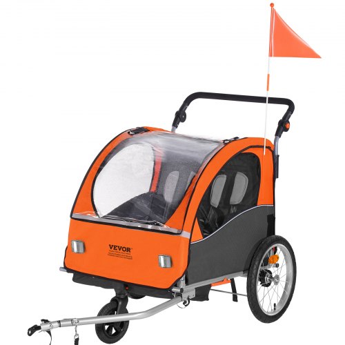 VEVOR Bike Trailer for Toddlers, Kids, Double Seat, 45 kg Load, 2-In-1 Canopy Carrier Converts to Stroller, Tow Behind Foldable Child Bicycle Trailer with Universal Bicycle Coupler, Orange and Gray