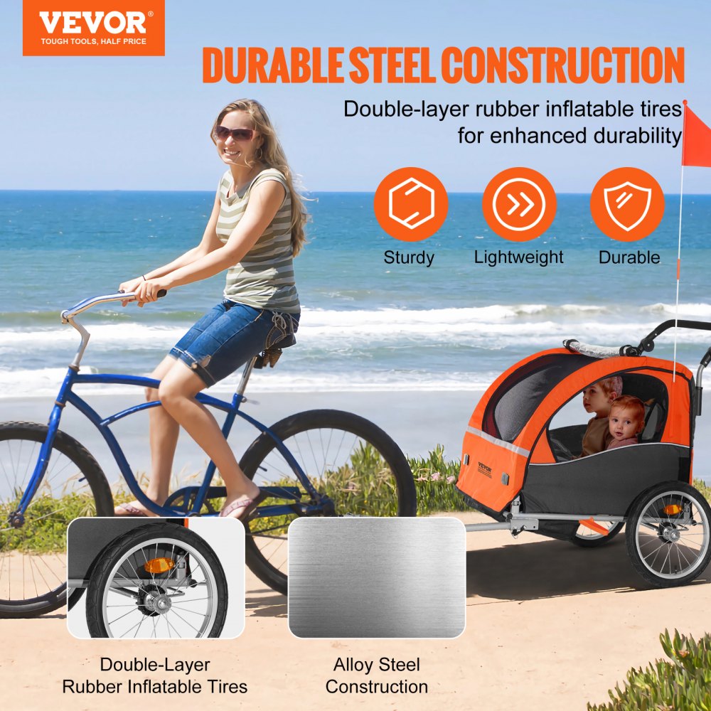 VEVOR Bike Trailer for Toddlers Kids Double Seat 100 lbs Load 2-In-1 Canopy Carrier Converts to Stroller Tow Behind Foldable Child Bicycle Trailer