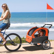 VEVOR Bike Trailer for Toddlers, Kids, Double Seat, 45 kg Load, 2-In-1 Canopy Carrier Converts to Stroller, Tow Behind Foldable Child Bicycle Trailer with Universal Bicycle Coupler, Orange and Gray