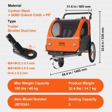 VEVOR Bike Trailer for Toddlers, Kids, Double Seat, 45 kg Load, 2-In-1 Canopy Carrier Converts to Stroller, Tow Behind Foldable Child Bicycle Trailer with Universal Bicycle Coupler, Orange and Gray