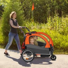 Remorque de vélo VEVOR pour tout-petits, enfants, siège double, charge de 100 lb, porte-vélo 2 en 1 transformable en poussette, remorque de vélo pliable pour enfant avec attelage de vélo universel, orange et gris