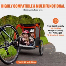 Cyklistický príves VEVOR pre batoľatá, deti, dvojité sedadlo, zaťaženie 100 libier, 2-v-1 nosič s baldachýnom možno premeniť na kočík, ťahať za skladací detský príves na bicykel s univerzálnou bicyklovou spojkou, oranžová a sivá