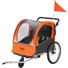 VEVOR Remorcă de bicicletă pentru copii mici, copii, scaun dublu, încărcare de 100 lbs, suport cu baldachin 2 în 1 se transformă în cărucior, remorcă în spatele remorcii pliabile pentru biciclete pentru copii cu cuplaj universal pentru biciclete, portocaliu și gri