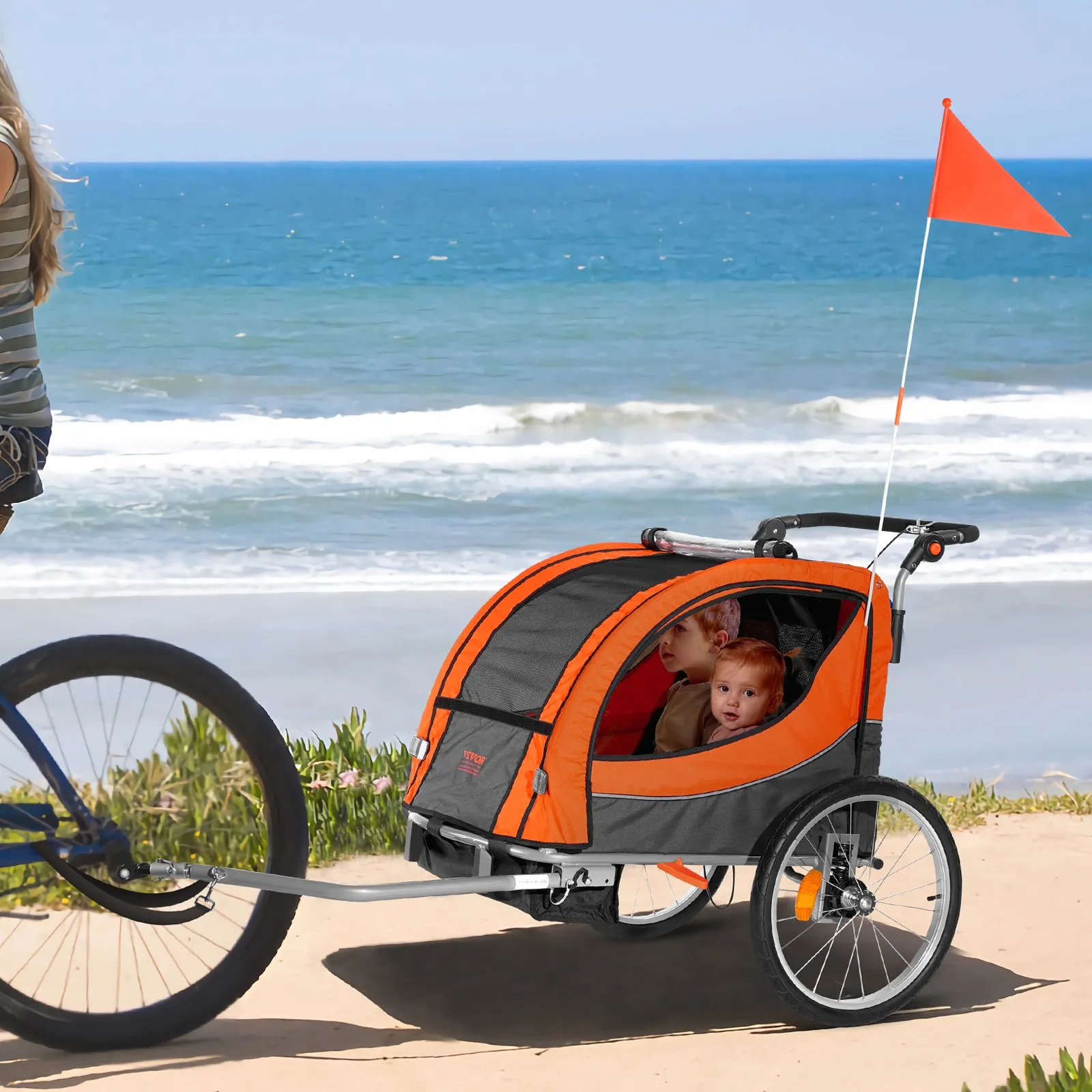 VEVOR Bike Trailer for Toddlers, Kids, Double Seat, 100 lbs Load, 2-In-1 Canopy Carrier Converts to Stroller, Tow Behind Foldable Child Bicycle Trailer with Universal Bicycle Coupler, Orange and Gray
