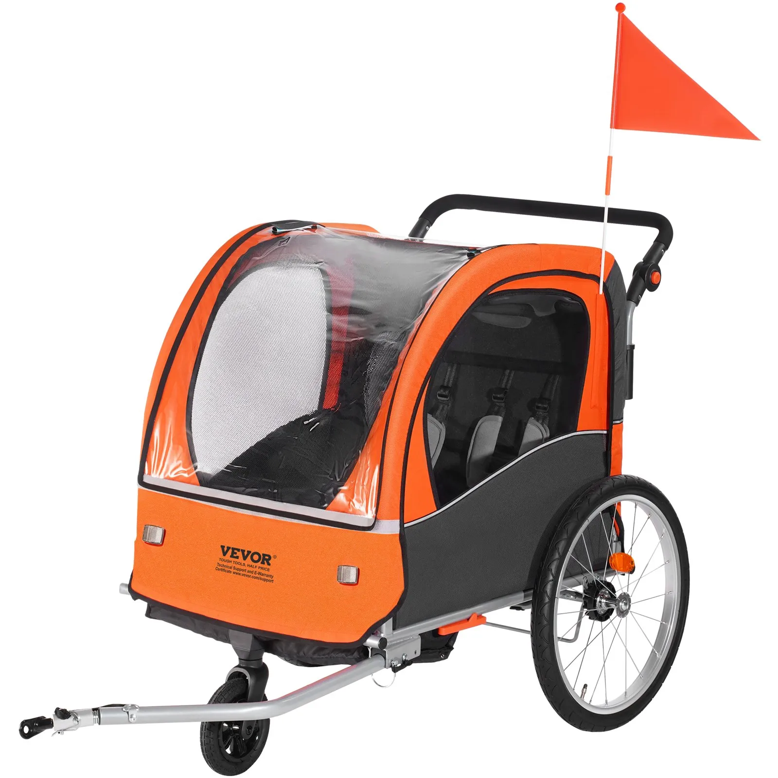 VEVOR Bike Trailer for Toddlers, Kids, Double Seat, 100 lbs Load, 2-In-1 Canopy Carrier Converts to Stroller, Tow Behind Foldable Child Bicycle Trailer with Universal Bicycle Coupler, Orange and Gray