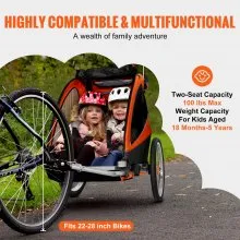 VEVOR Bike Trailer for Toddlers, Kids, Double Seat, 100 lbs Load, 2-In-1 Canopy Carrier Converts to Stroller, Tow Behind Foldable Child Bicycle Trailer with Universal Bicycle Coupler, Orange and Gray