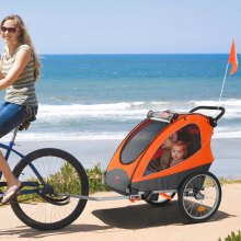 VEVOR Bike Trailer for Toddlers, Kids, Double Seat, 110 lbs Load, 2-In-1 Canopy Carrier Converts to Stroller, Tow Behind Foldable Child Bicycle Trailer with Universal Bicycle Coupler, Orange and Gray