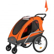 VEVOR Remolque de bicicleta para niños pequeños, asiento doble, carga de 110 libras, portaequipajes 2 en 1 que se convierte en cochecito, remolque de bicicleta plegable para niños con acoplador universal para bicicleta, naranja y gris