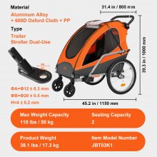 VEVOR Bike Trailer for Toddlers, Kids, Double Seat, 110 lbs Load, 2-In-1 Canopy Carrier Converts to Stroller, Tow Behind Foldable Child Bicycle Trailer with Universal Bicycle Coupler, Orange and Gray