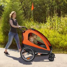 VEVOR Bike Trailer for Toddlers, Kids, Double Seat, 110 lbs Load, 2-In-1 Canopy Carrier Converts to Stroller, Tow Behind Foldable Child Bicycle Trailer with Universal Bicycle Coupler, Orange and Gray