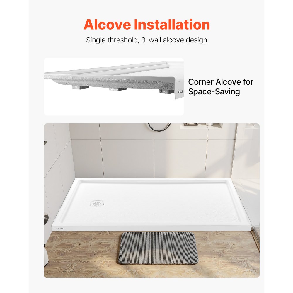 VEVOR Shower Pan, 60″ L x 30″ W Single Threshold Shower Base, Rectangle Acrylic & PVC Showering Base in White, Slip-Resistant Showering Pan Bases with Drain & Cover for Bathroom, Left Drain Location
