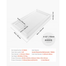 VEVOR Shower Pan, 60″ L x 30″ W Single Threshold Shower Base, Rectangle Acrylic & PVC Showering Base in White, Slip-Resistant Showering Pan Bases with Drain & Cover for Bathroom, Left Drain Location
