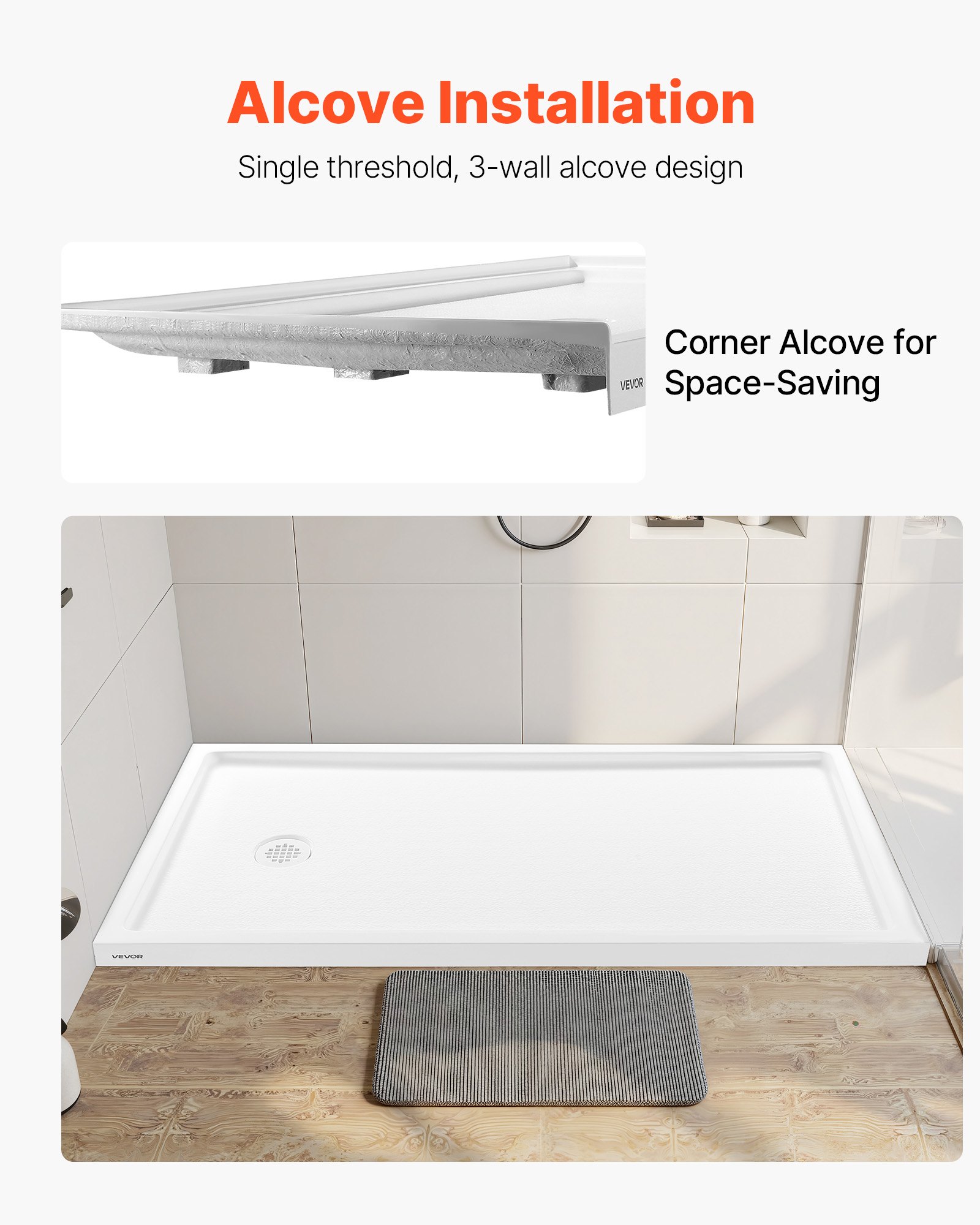 VEVOR Shower Pan, 60″ L x 30″ W Single Threshold Shower Base, Rectangle Acrylic & PVC Showering Base in White, Slip-Resistant Showering Pan Bases with Drain & Cover for Bathroom, Left Drain Location