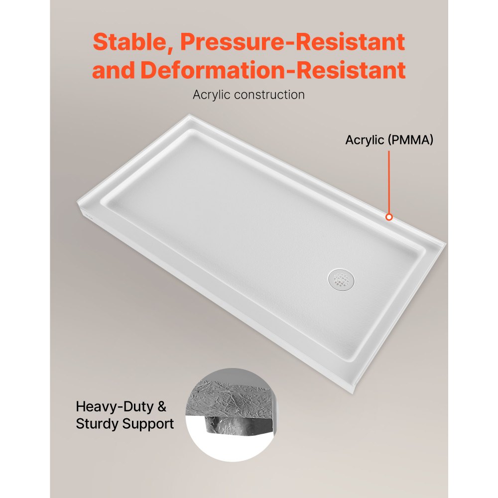 VEVOR Shower Pan, 60″ L x 30″ W Single Threshold Shower Base, Rectangle Acrylic & PVC Showering Base in White, Slip-Resistant Showering Pan Bases with Drain & Cover for Bathroom, Right Drain Location