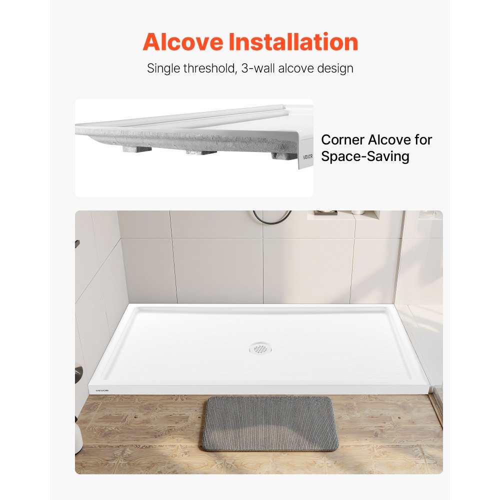 Plato de ducha VEVOR de 152 cm de largo x 81 cm de ancho con umbral único, rectangular, de acrílico y PVC, color blanco, antideslizante, con desagüe y tapa para baño, desagüe central.