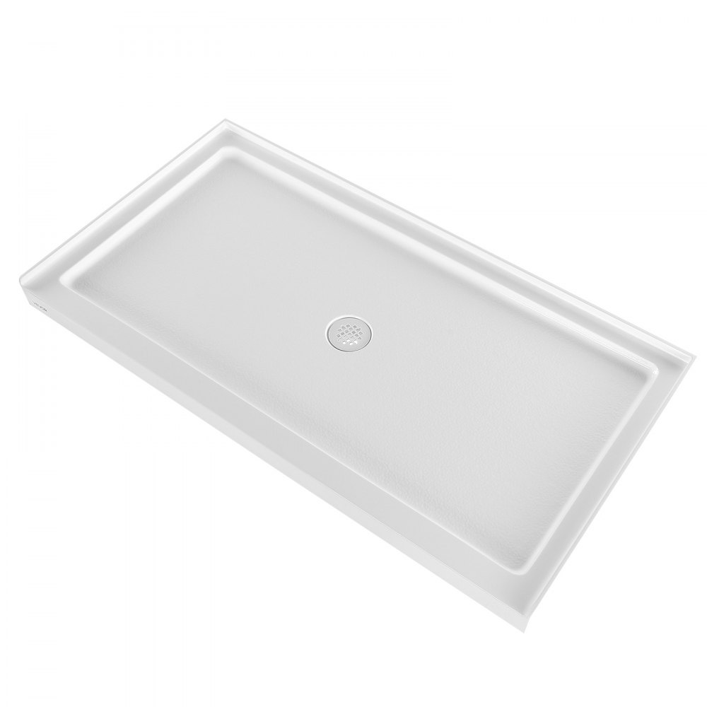 Plato de ducha VEVOR de 152 cm de largo x 81 cm de ancho con umbral único, rectangular, de acrílico y PVC, color blanco, antideslizante, con desagüe y tapa para baño, desagüe central.