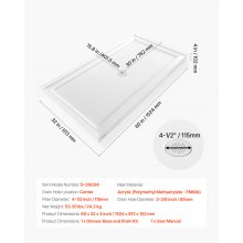 VEVOR Shower Pan, 60″ L x 32″ W Single Threshold Shower Base, Rectangle Acrylic & PVC Showering Base in White, Slip-Resistant Showering Pan Bases with Drain & Cover for Bathroom, Center Drain Location