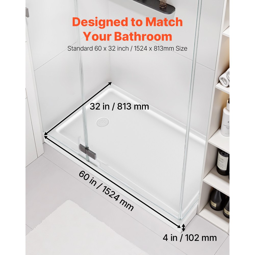 VEVOR Shower Pan, 60″ L x 32″ W Single Threshold Shower Base, Rectangle Acrylic & PVC Showering Base in White, Slip-Resistant Showering Pan Bases with Drain & Cover for Bathroom, Left Drain Location