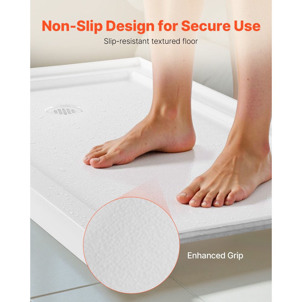 VEVOR Shower Pan, 60″ L x 32″ W Single Threshold Shower Base, Rectangle Acrylic & PVC Showering Base in White, Slip-Resistant Showering Pan Bases with Drain & Cover for Bathroom, Left Drain Location