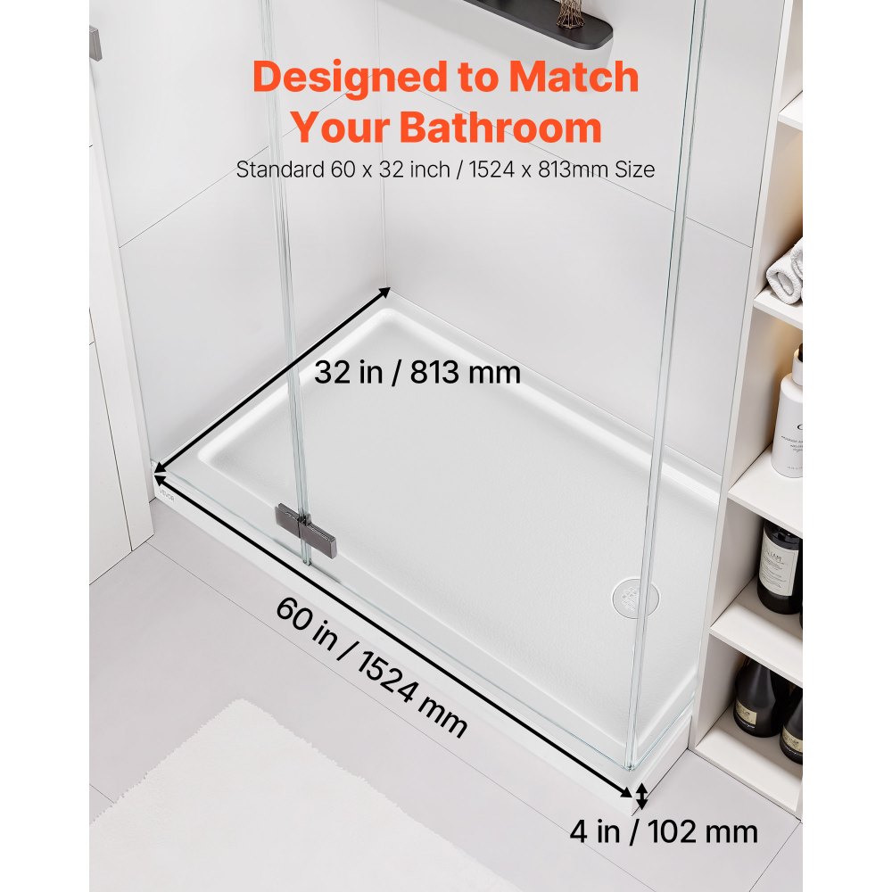 Plato de ducha VEVOR de 152 cm de largo x 81 cm de ancho con umbral único, rectangular, de acrílico y PVC, color blanco, antideslizante, con desagüe y tapa para baño, con desagüe a la derecha.