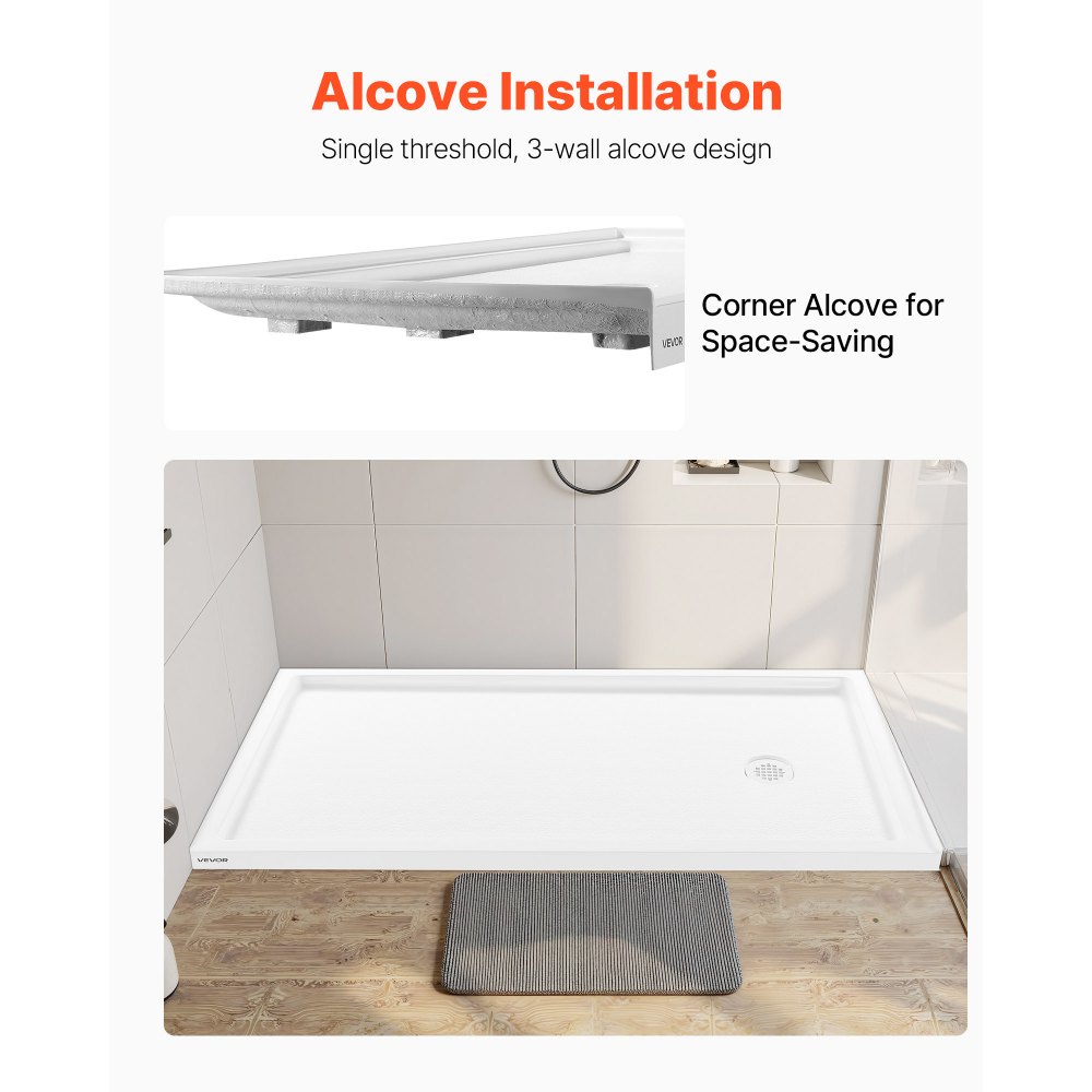 Plato de ducha VEVOR de 152 cm de largo x 81 cm de ancho con umbral único, rectangular, de acrílico y PVC, color blanco, antideslizante, con desagüe y tapa para baño, con desagüe a la derecha.