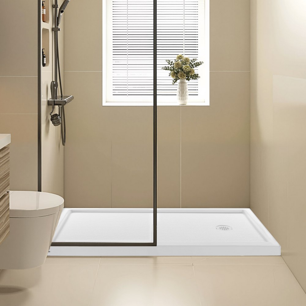Plato de ducha VEVOR de 152 cm de largo x 81 cm de ancho con umbral único, rectangular, de acrílico y PVC, color blanco, antideslizante, con desagüe y tapa para baño, con desagüe a la derecha.