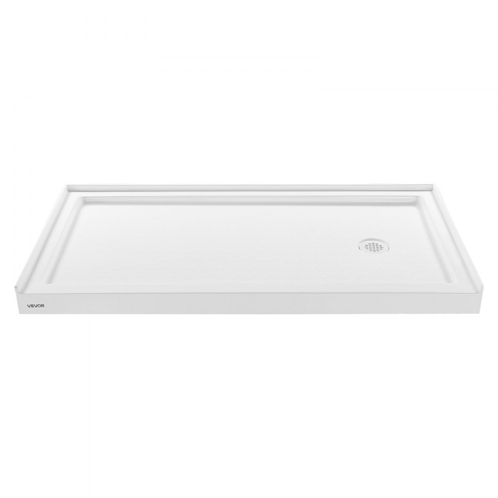 Plato de ducha VEVOR de 152 cm de largo x 81 cm de ancho con umbral único, rectangular, de acrílico y PVC, color blanco, antideslizante, con desagüe y tapa para baño, con desagüe a la derecha.