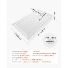 VEVOR Shower Pan, 60″ L x 32″ W Single Threshold Shower Base, Rectangle Acrylic & PVC Showering Base in White, Slip-Resistant Showering Pan Bases with Drain & Cover for Bathroom, Right Drain Location