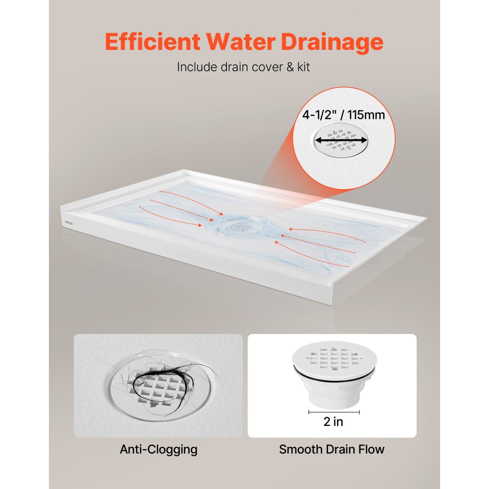VEVOR Shower Pan, 60″ L x 36″ W Single Threshold Shower Base, Rectangle Acrylic & PVC Showering Base in White, Slip-Resistant Showering Pan Bases with Drain & Cover for Bathroom, Center Drain Location