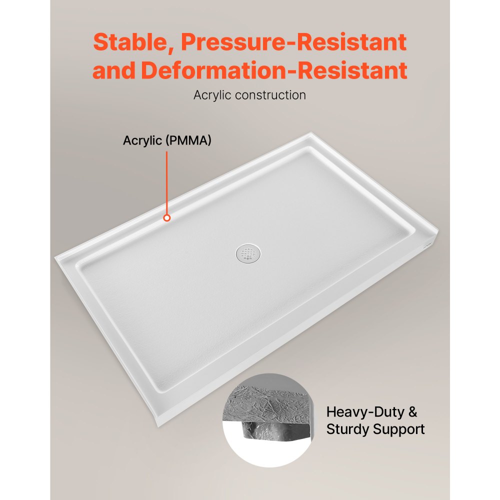 VEVOR Shower Pan, 60″ L x 36″ W Single Threshold Shower Base, Rectangle Acrylic & PVC Showering Base in White, Slip-Resistant Showering Pan Bases with Drain & Cover for Bathroom, Center Drain Location